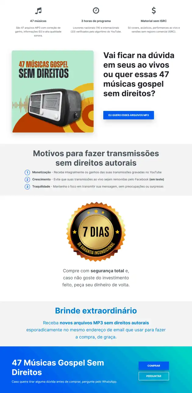 Screenshot da página de vendas 47 Músicas Gospel Sem Direitos