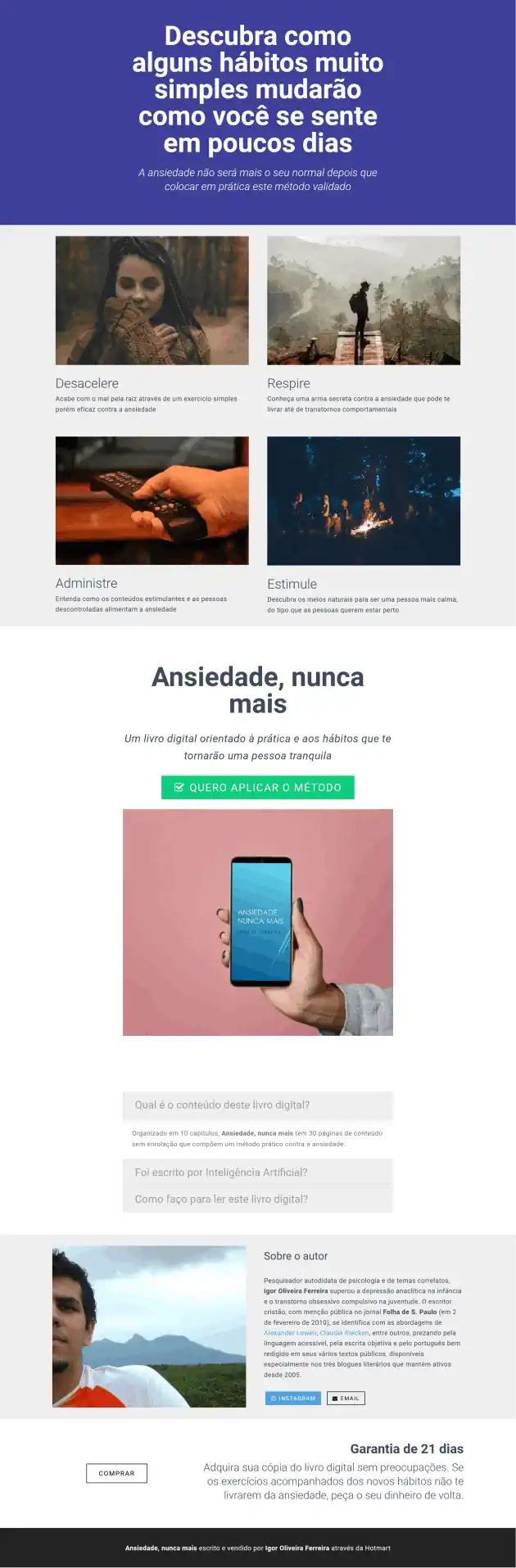 Screenshot da página de vendas Ansiedade, nunca mais